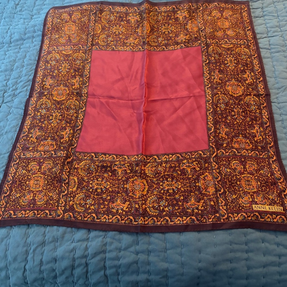 Anne Klein Vintage Designer Paisley Square Scarf Burgundy Orange 70's Boho 20x21